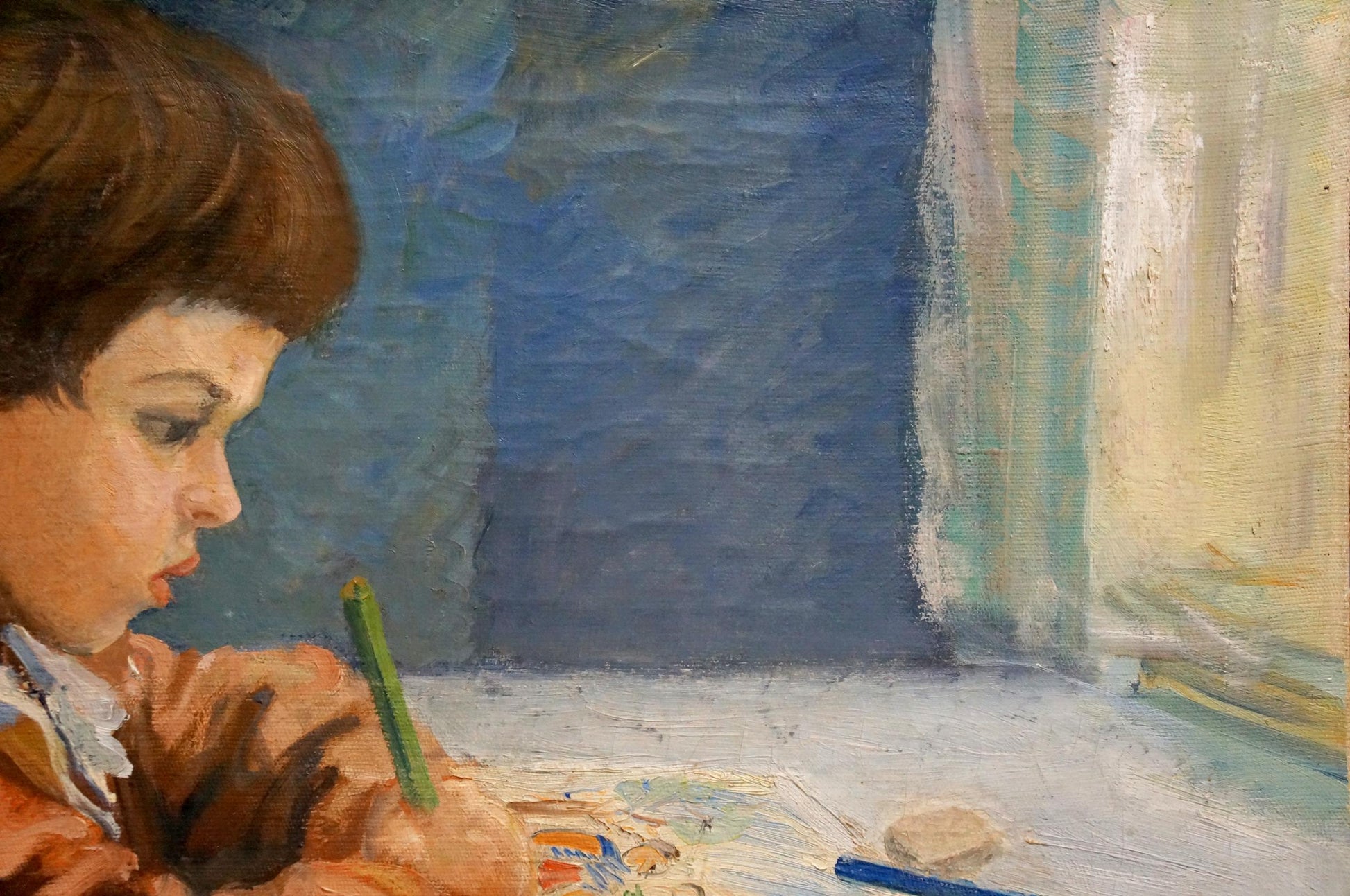 Oil painting portrait of schoolboy with brown hair drawing in profile