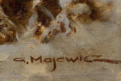 Back of oil painting Elks in the forest with brown g. signature