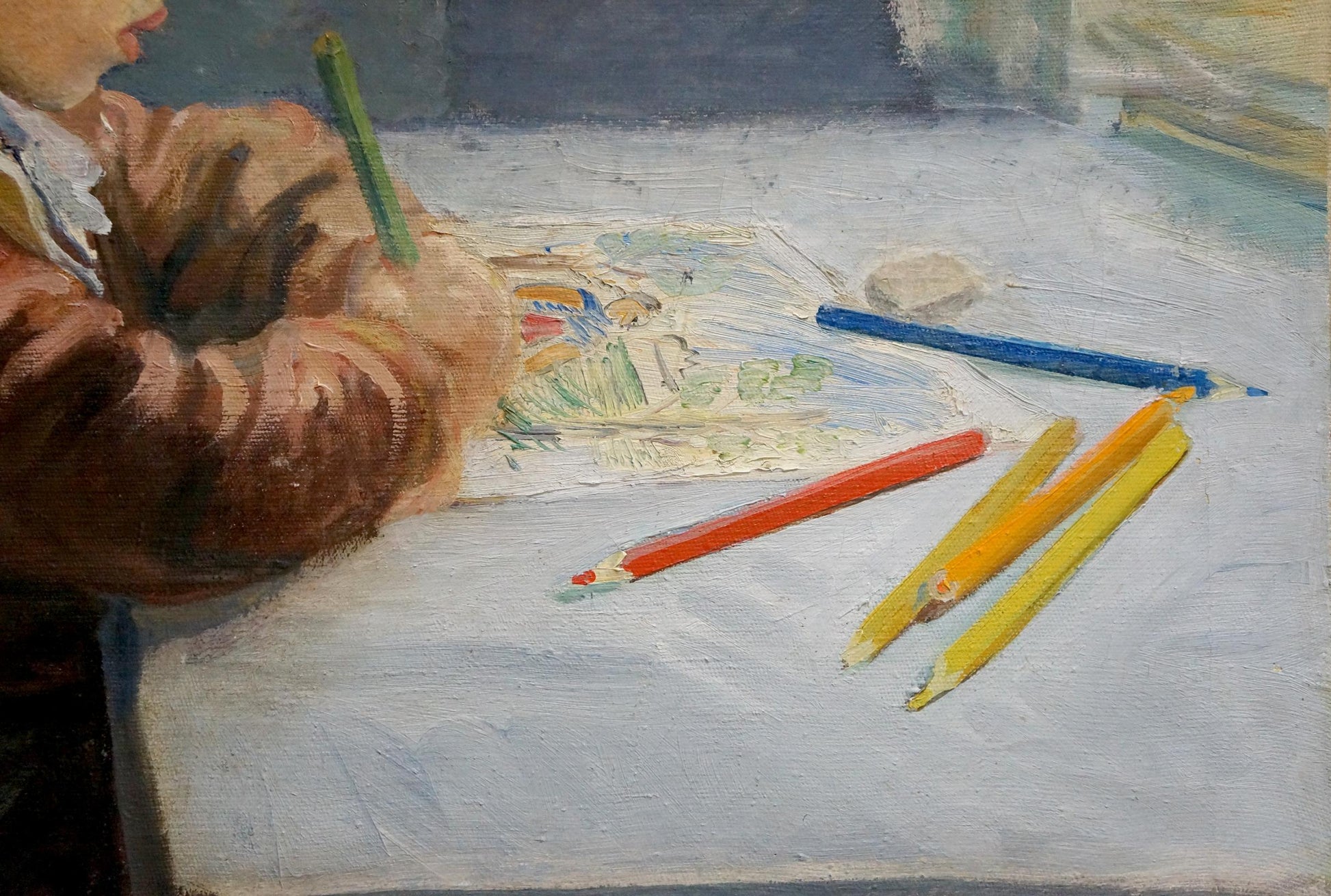 Oil painting portrait of schoolboy with childs hand holding green pencil over drawing