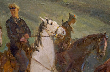 Oil painting The Soldiers by Sharapenko V.A. with white horse, dark mane, yellow bridle