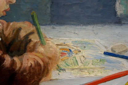 Childs hand with green crayon over colorful drawing in oil painting portrait of schoolboy