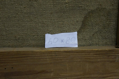 Back of Oil painting Portrait of a schoolboy with 60 x 80 label on wood
