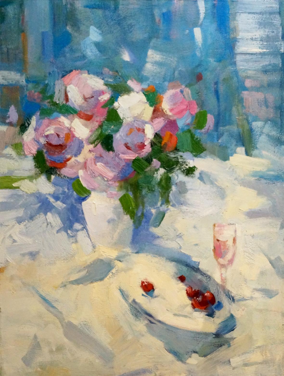 Oil painting by Ryman Evgeny Nikolaevich: pink, white, purple roses bouquet in white vase