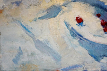 Oil painting Present by Ryman Evgeny Nikolaevich with bold white blue beige strokes and red accents