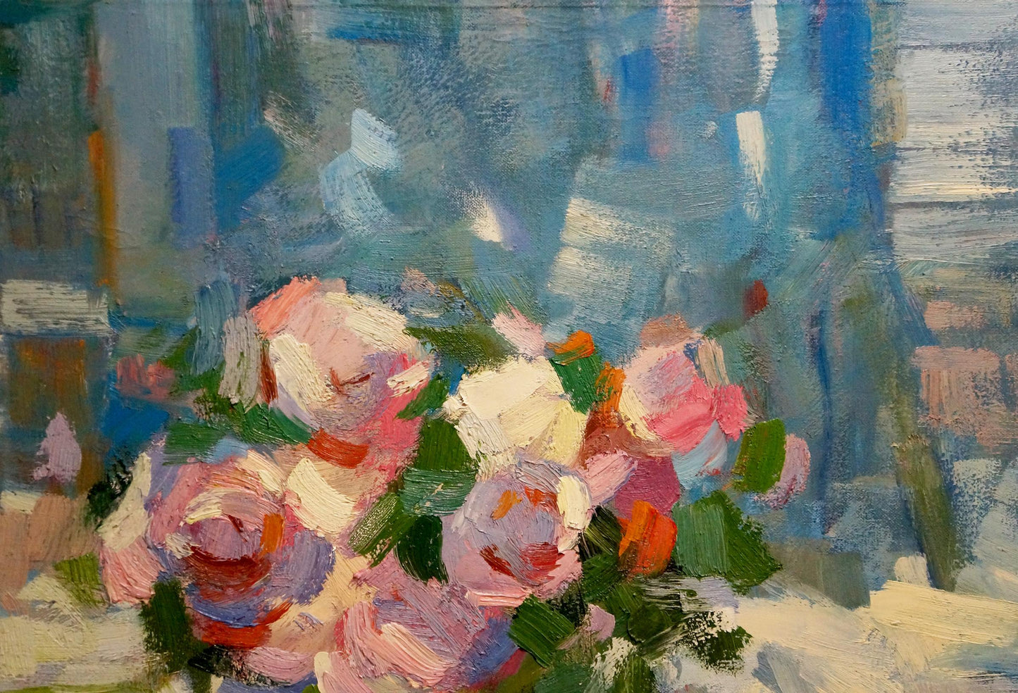 Vibrant impressionist oil painting of pink white roses by Ryman Evgeny Nikolaevich