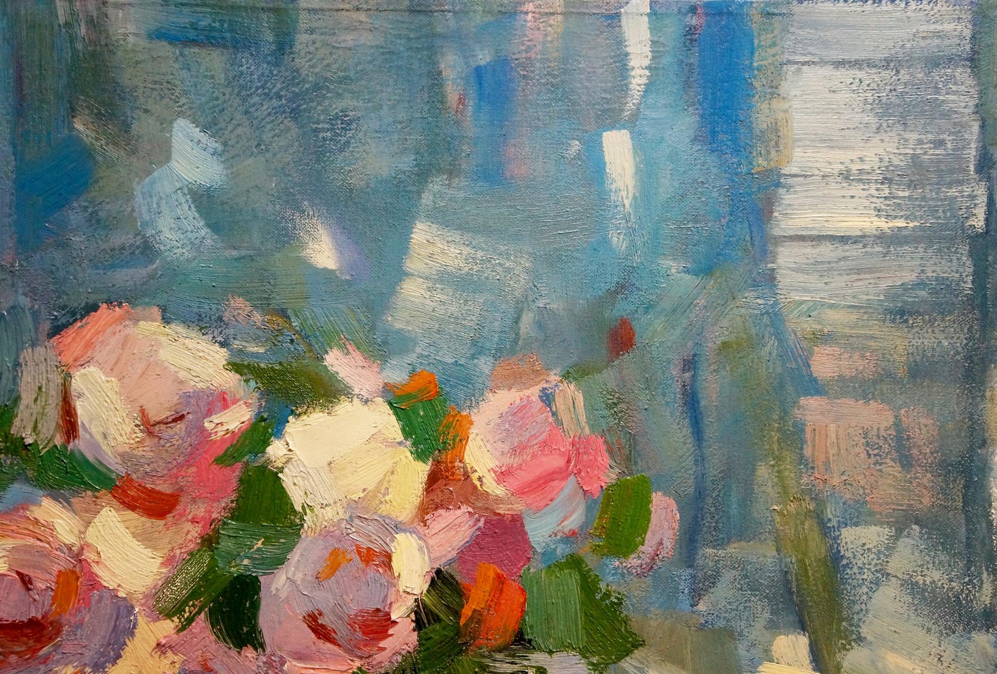 Vibrant impressionist oil painting of pink white roses by Ryman Evgeny Nikolaevich