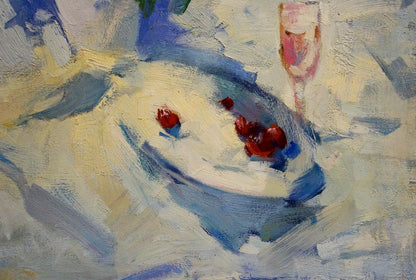 Oil painting by Ryman Evgeny Nikolaevich: glossy white plate with red cherries
