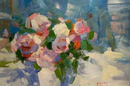 Vibrant impressionistic oil painting of pink white roses by Ryman Evgeny Nikolaevich
