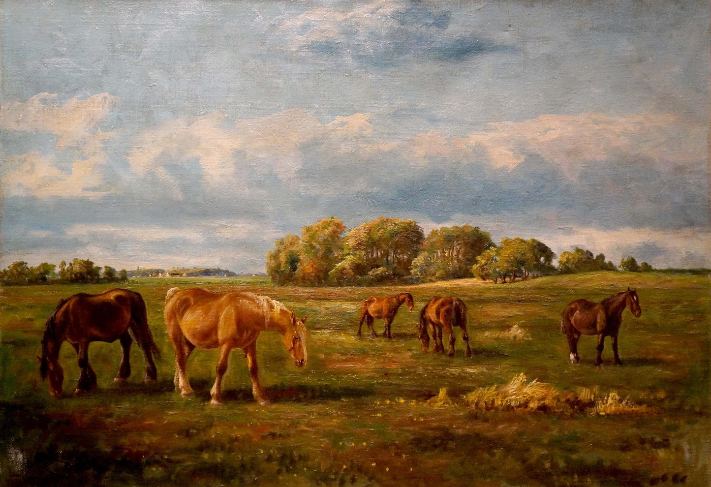Serene oil painting of five horses grazing in sunlit field under cloudy sky