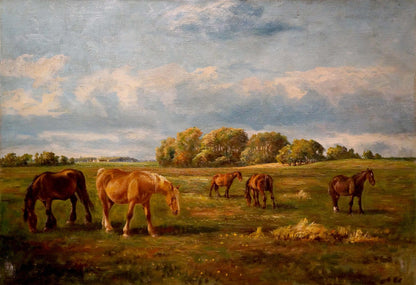 Serene oil painting of five horses grazing in sunlit field under cloudy sky