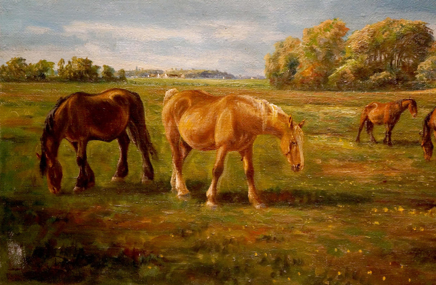 Serene oil painting of horses grazing in sunlit field, chestnut and light brown featured