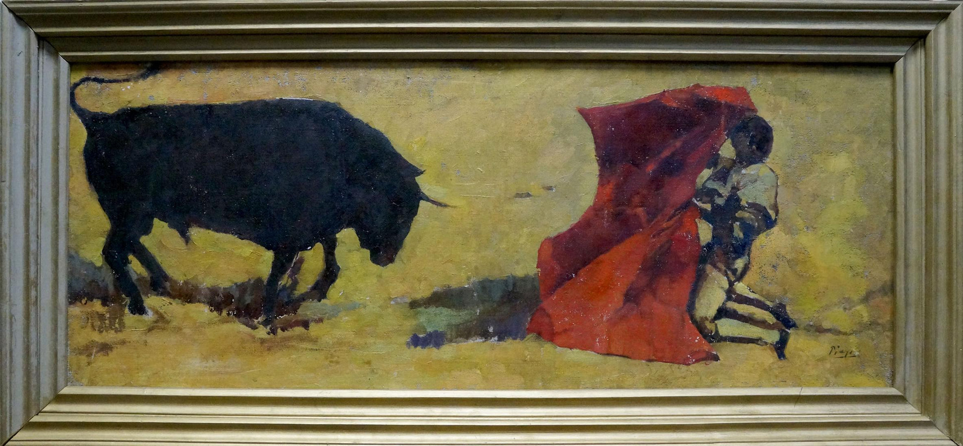 Oil painting Red and bull: black bull and matador with red cape on yellow background