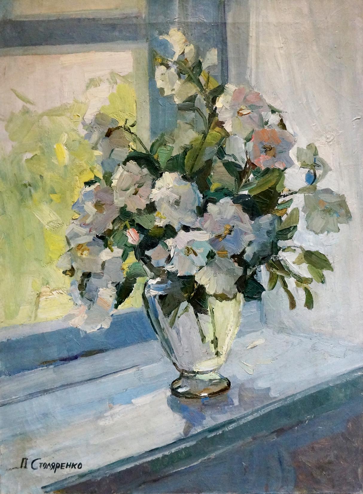 Oil painting of translucent glass vase with white pink flowers by Petr Kuzmich Stolyarenko