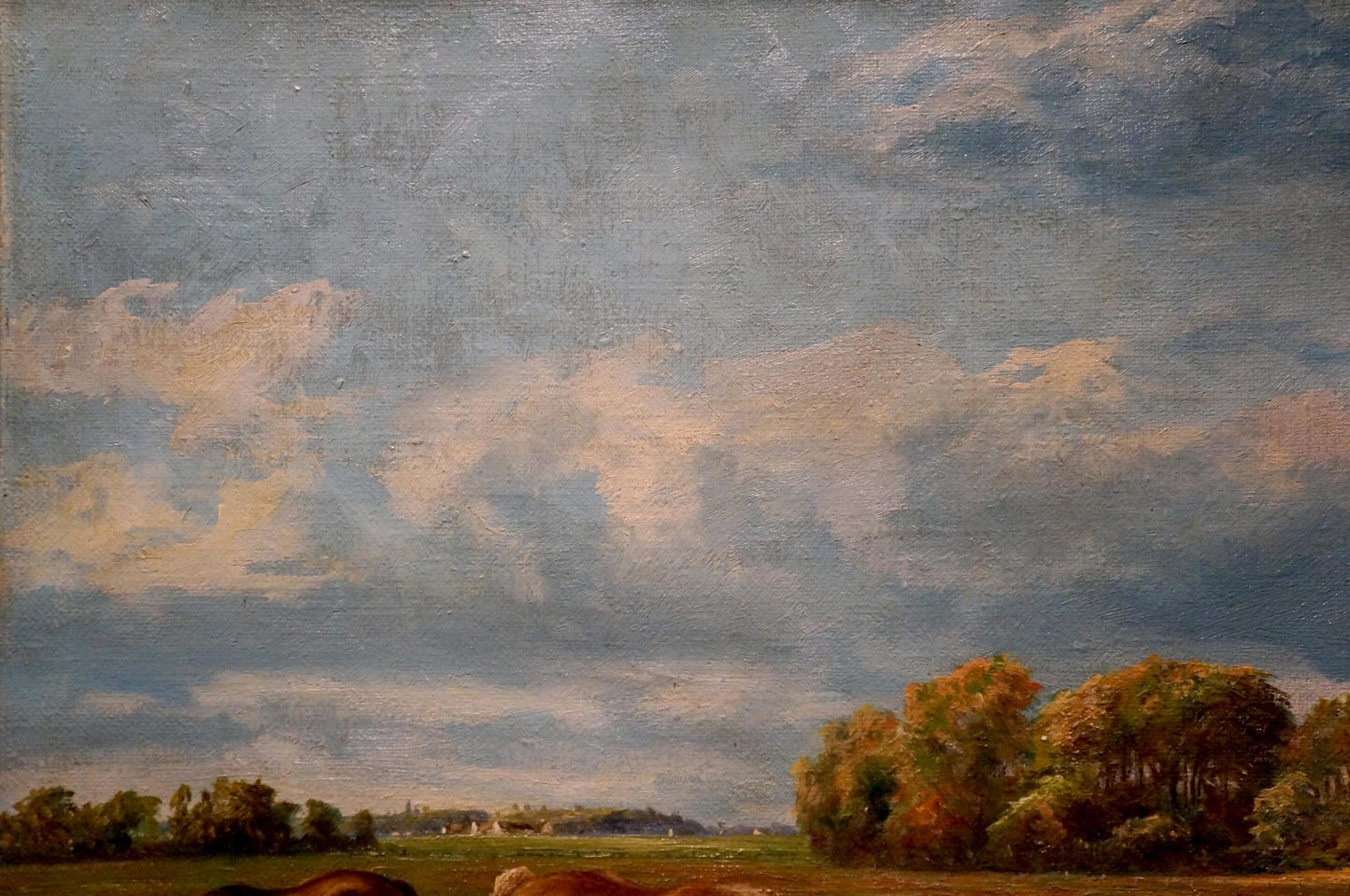 Serene oil painting of horses grazing in green fields under vast cloudy sky