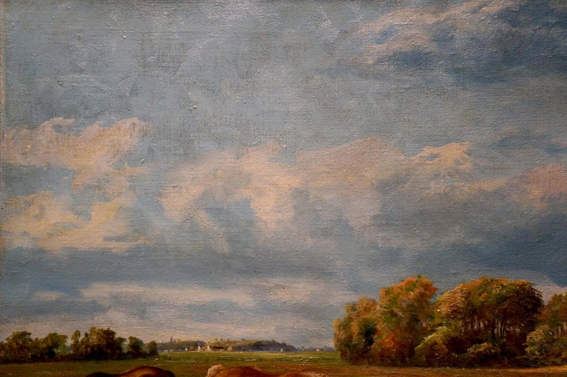 Serene oil painting of horses grazing in green fields under vast cloudy sky