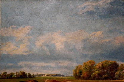 Serene oil painting of horses grazing in green fields under vast cloudy sky