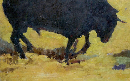 Dark textured oil painting of black bull with red and vibrant yellow background