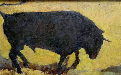 Dark textured oil painting of black bull on yellow background