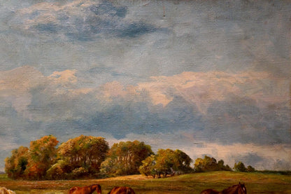 Oil painting of horses grazing under autumn trees and blue sky