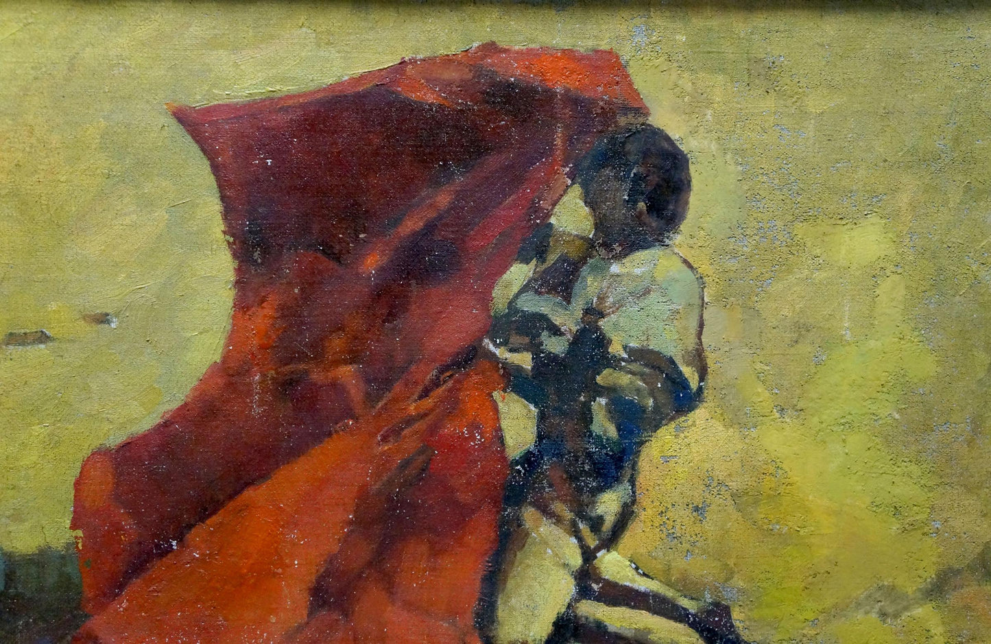 Vibrant red cape billows against textured yellow background in Red and Bull oil painting