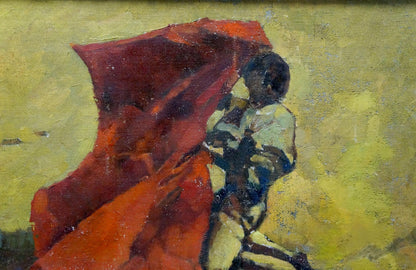 Vibrant red cape billows against textured yellow background in Red and Bull oil painting