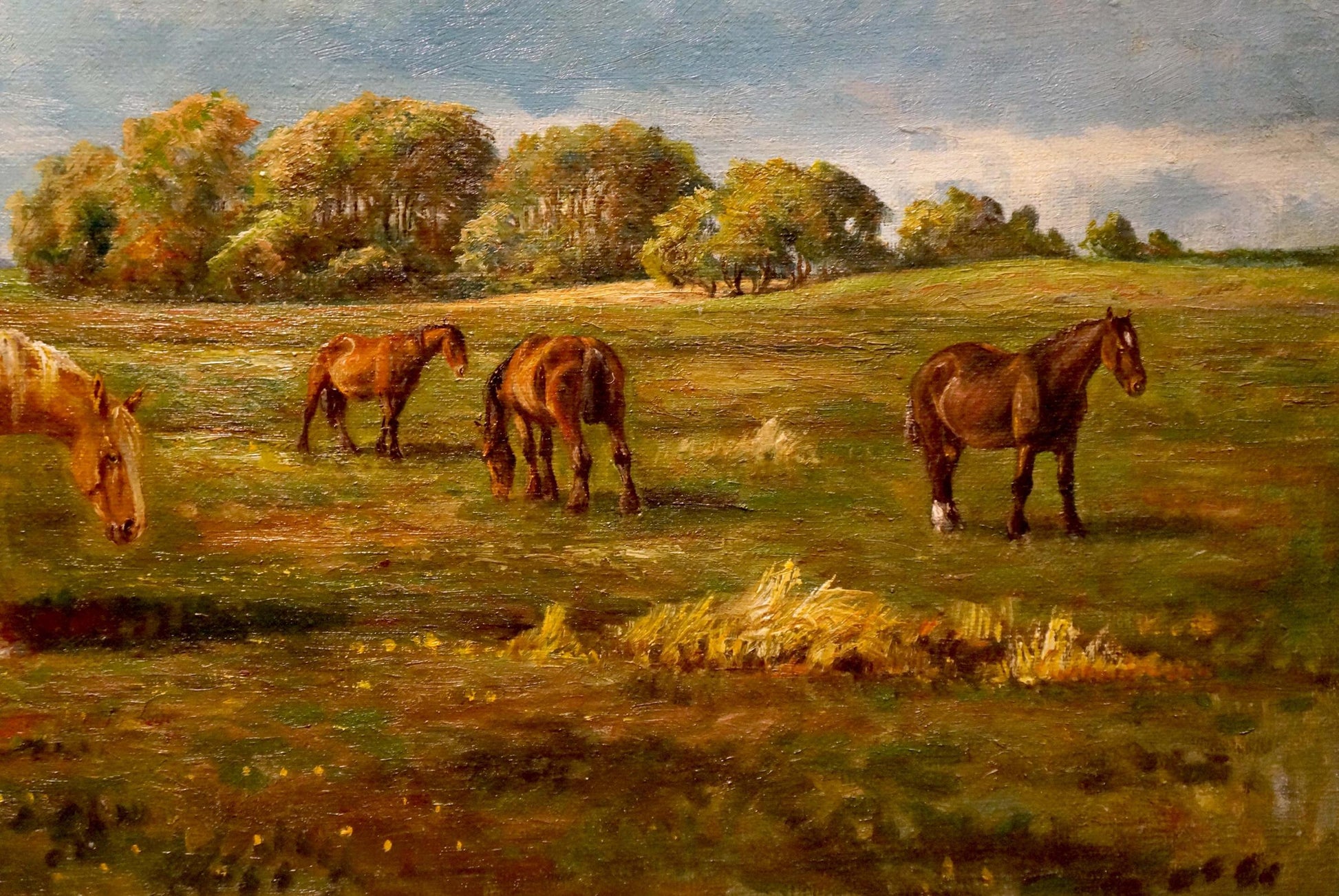 Serene oil painting of four brown horses grazing in golden-green pasture
