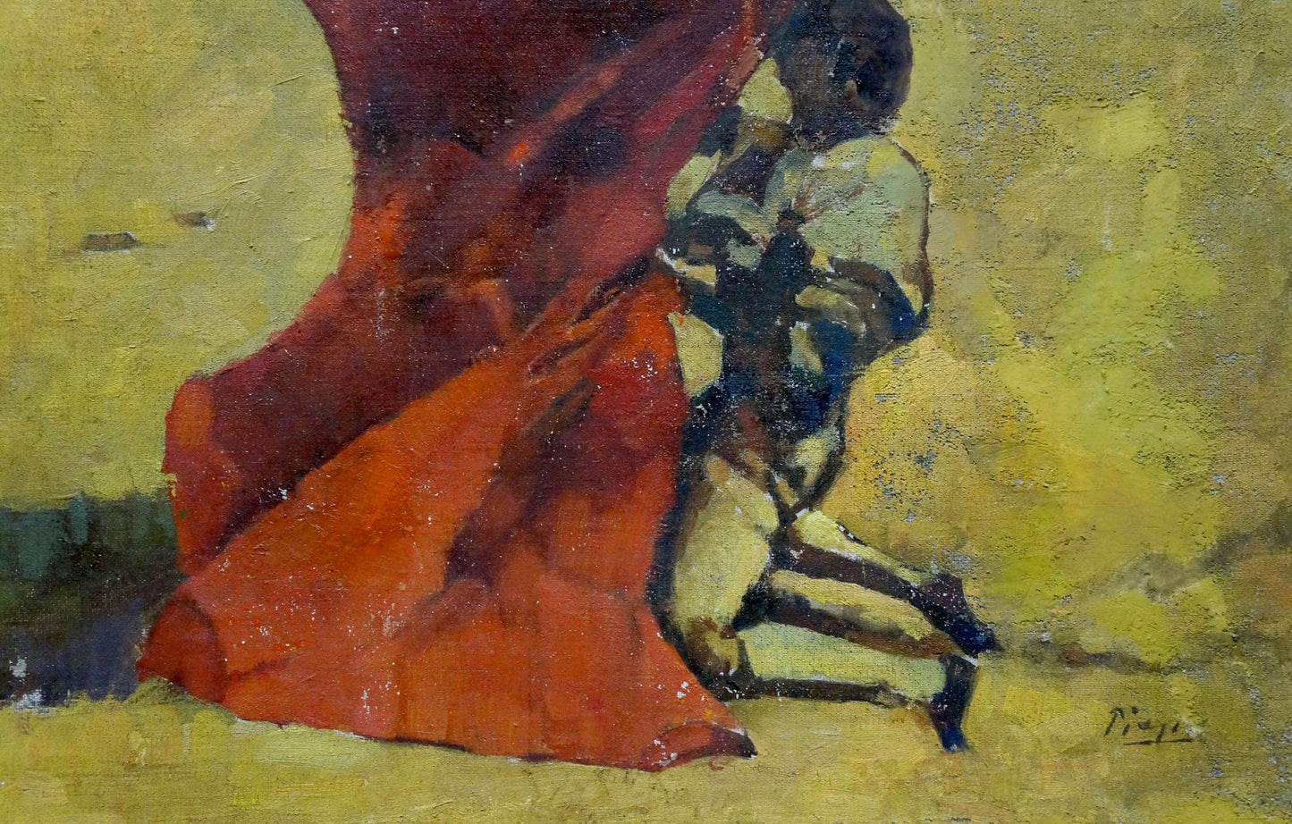 Vibrant red draped fabric oil painting Red and bull with expressive brushstrokes