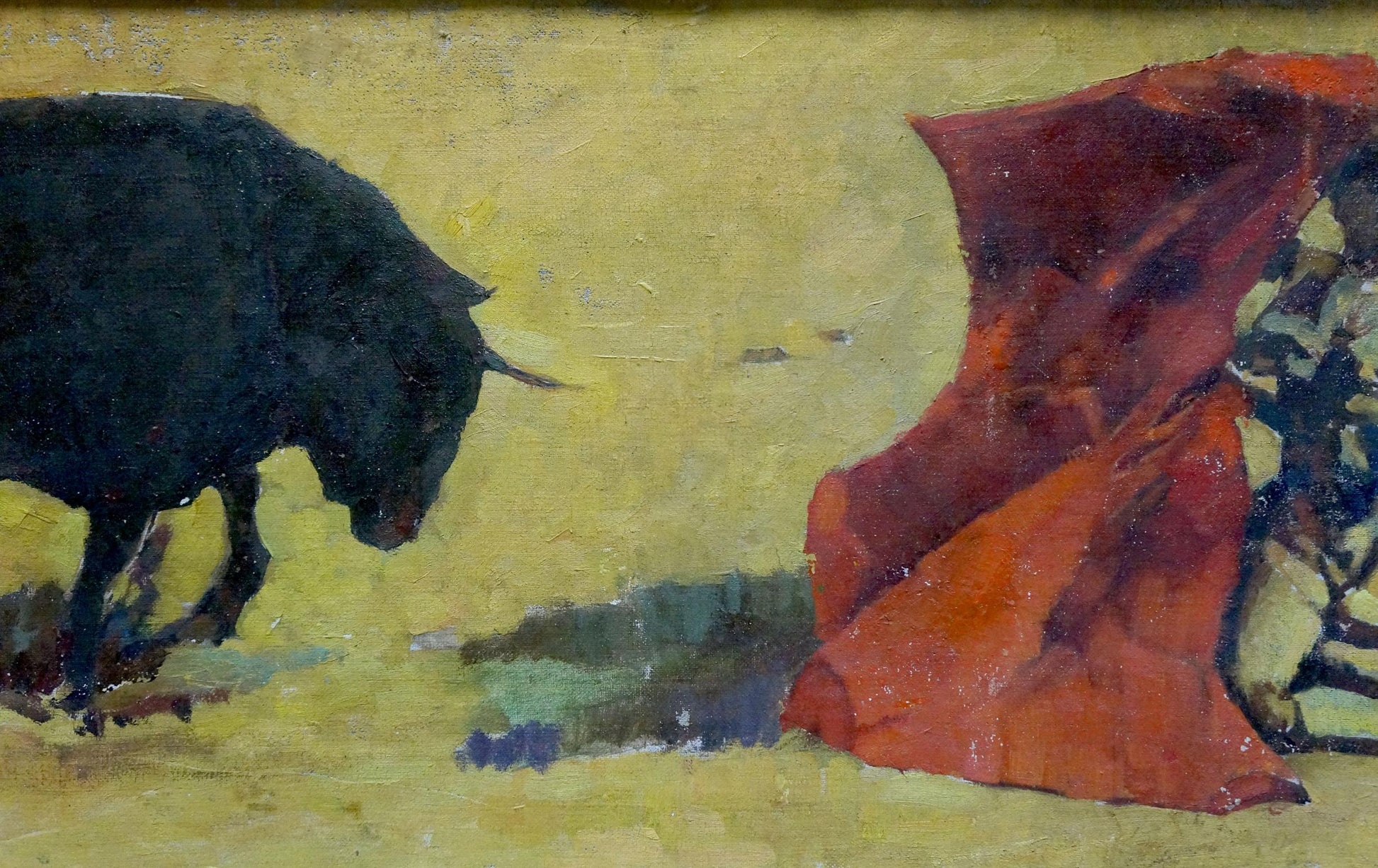 Oil painting of dark textured bull in profile on yellowish background