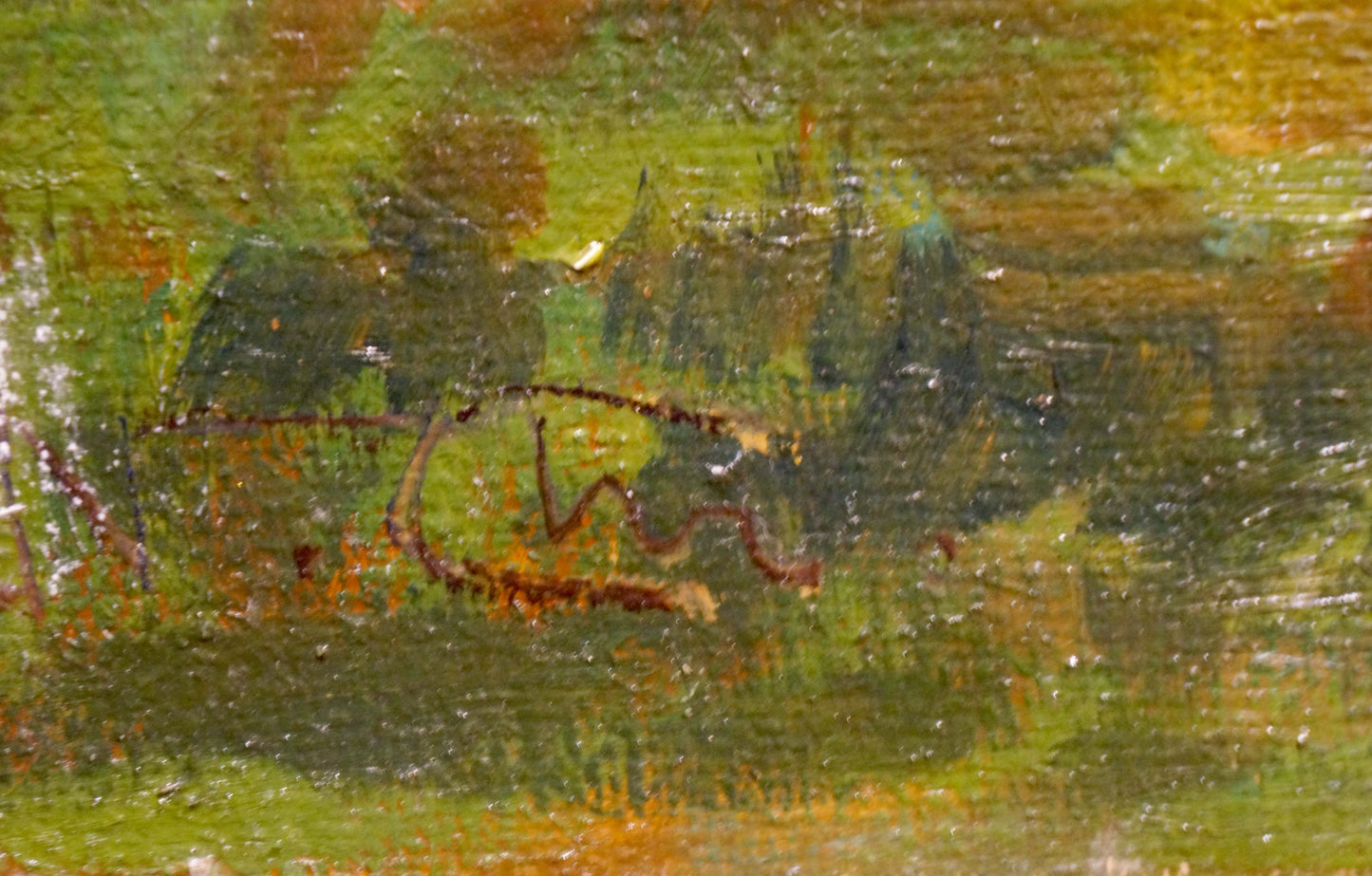 Signature on back of Oil painting Horses graze with green yellow brushstrokes