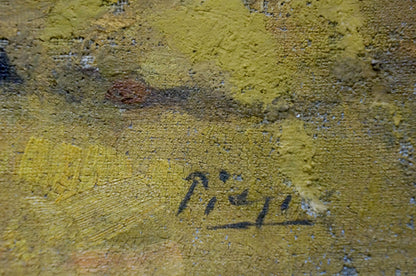 Back of Oil painting Red and bull: yellow textured paint with black signature
