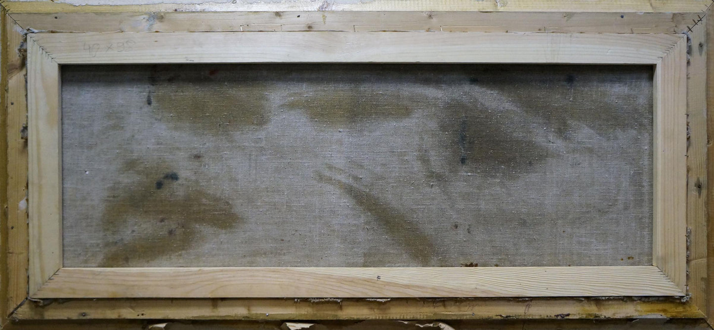 Back of unfinished wooden frame enclosing worn grayish canvas for Oil painting Red and bull
