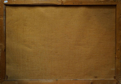 Back of oil painting Horses graze on brown canvas over wooden frame