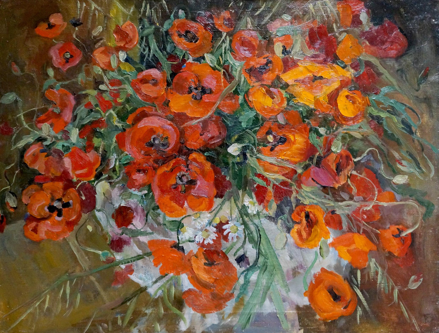 Oil painting of vibrant orange red poppies and white daisies by Grishchenko Varvara Pavlovna
