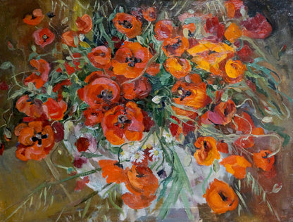 Oil painting of vibrant orange red poppies and white daisies by Grishchenko Varvara Pavlovna