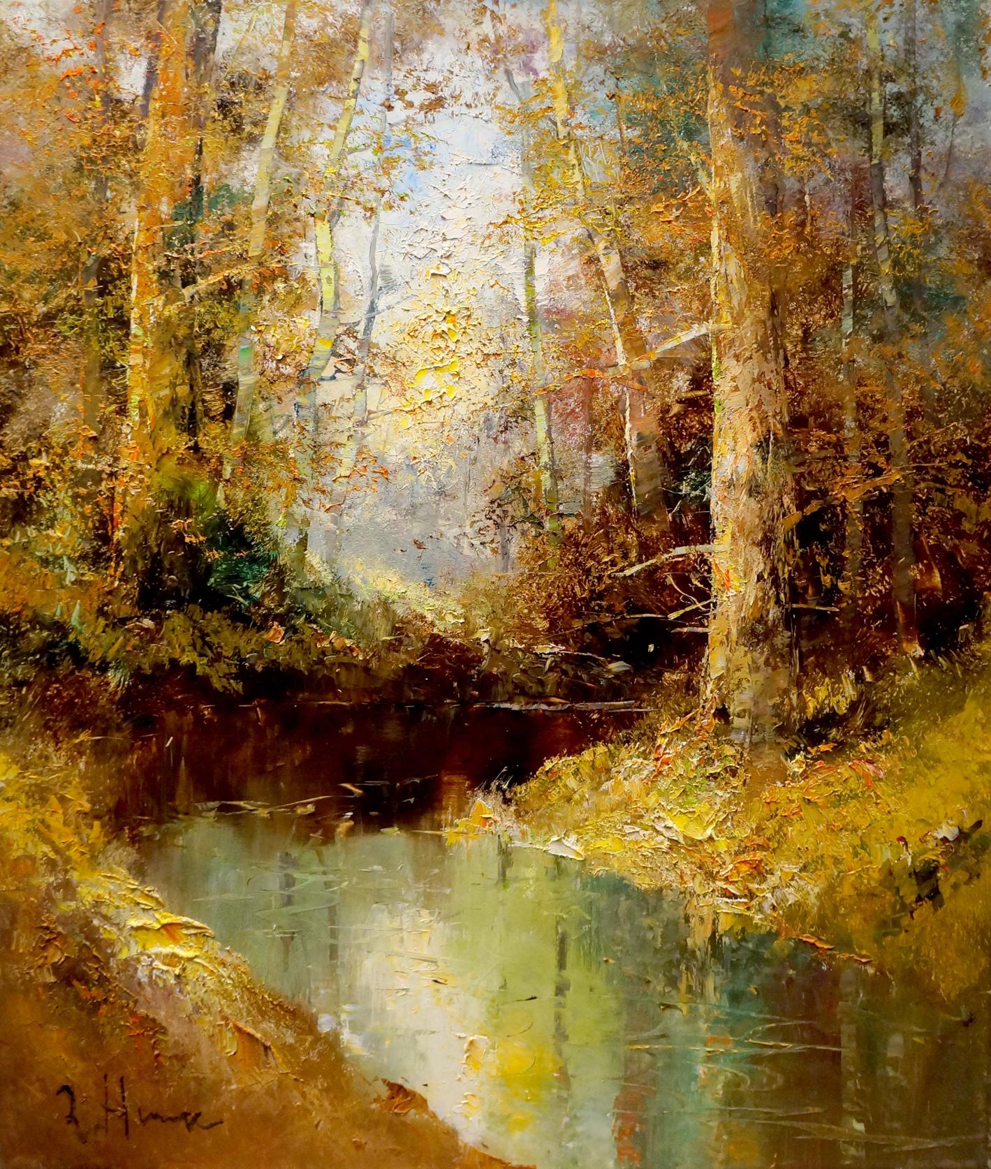 Oil painting Fairy forest: autumn scene with sunlit stream in textured golds