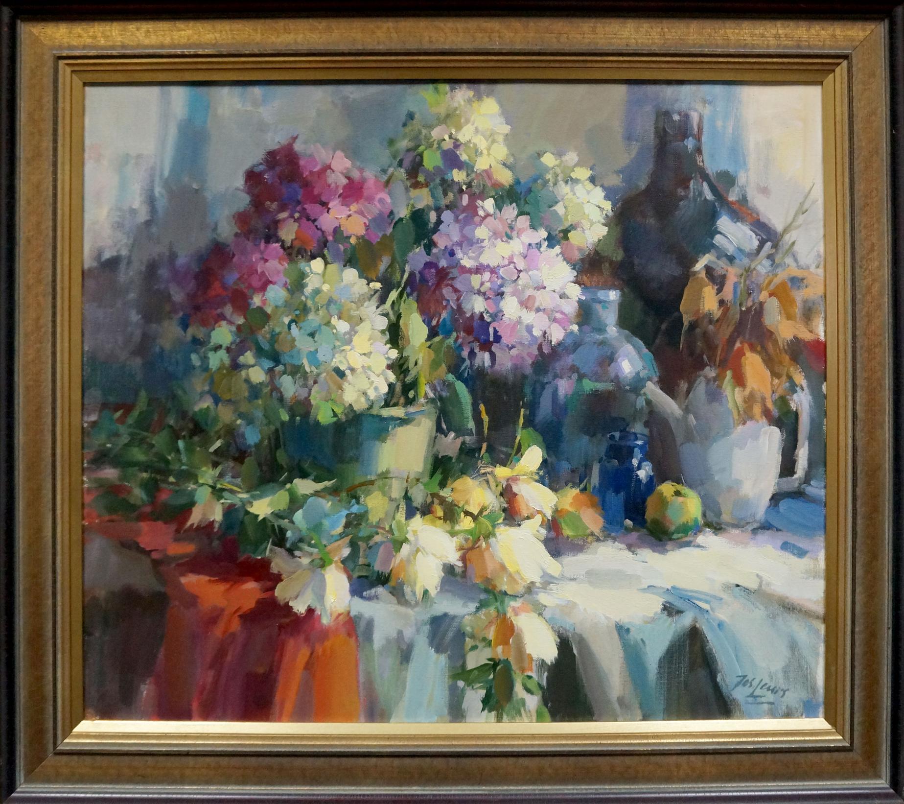 Oil painting of vibrant hydrangeas in vases on table, unknown artist