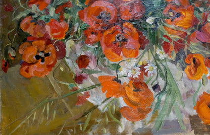 Oil painting of orange red poppies and daisies by Grishchenko Varvara Pavlovna