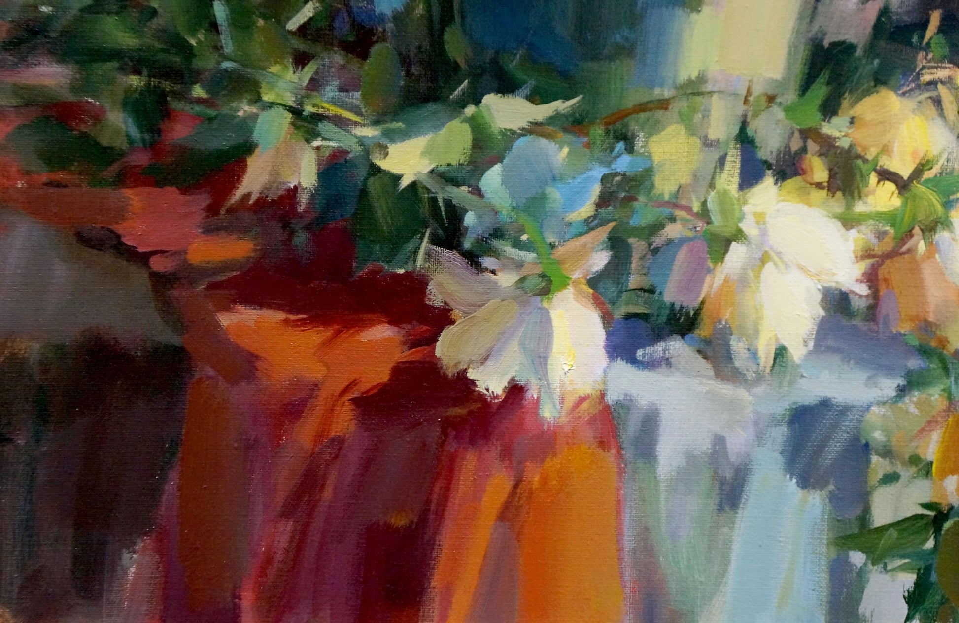 Oil painting still life with vibrant orange vase, white yellow flowers, green foliage