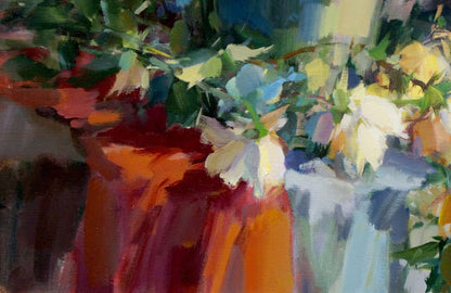 Oil painting still life with vibrant orange vase, white yellow flowers, green foliage