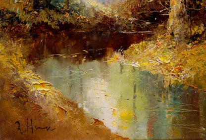 Oil painting of fairy forest stream in serene autumn golden tones