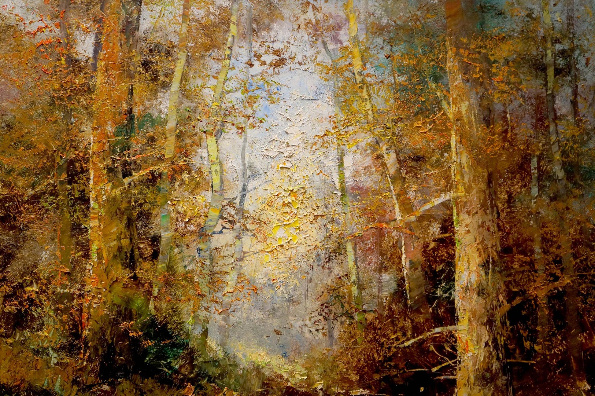 Oil painting of fairy forest with tall autumn trees and gray sky