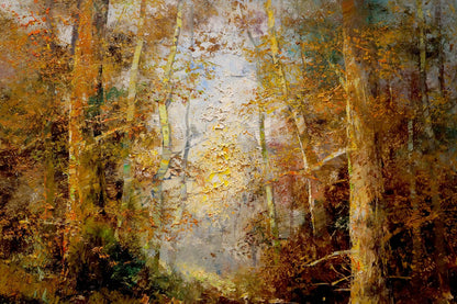 Oil painting of fairy forest with tall autumn trees and gray sky