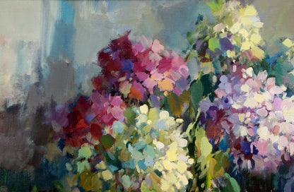 Vibrant impressionistic oil painting of pink purple white hydrangeas and still life with drinks