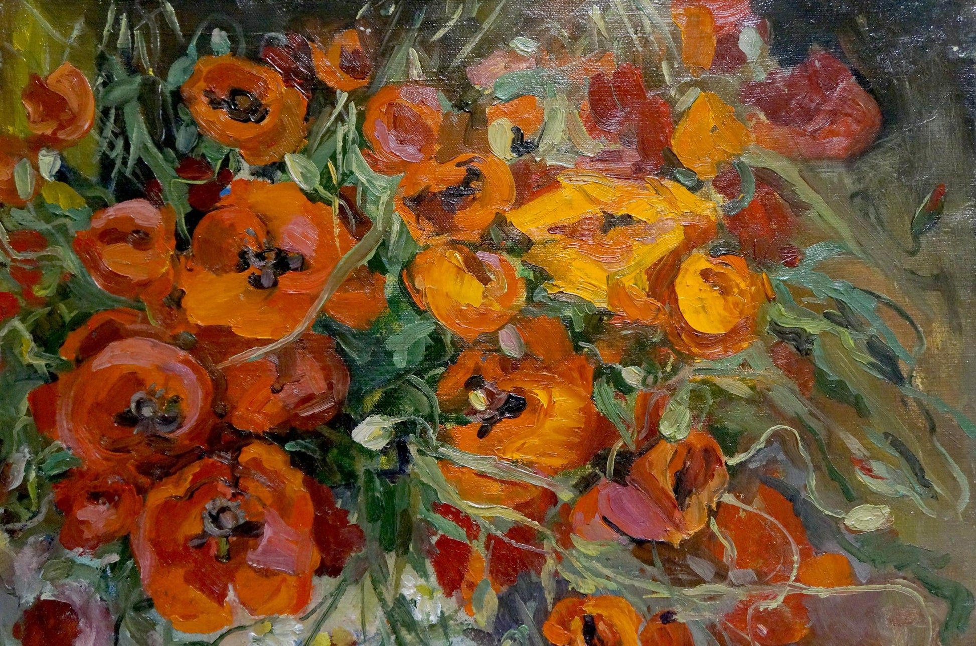 Vibrant oil painting of orange yellow poppies by Grishchenko Varvara Pavlovna
