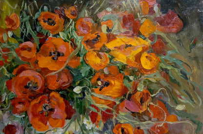 Vibrant oil painting of orange yellow poppies by Grishchenko Varvara Pavlovna