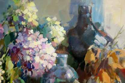 Oil painting still life with pink purple white hydrangeas and dark bottle