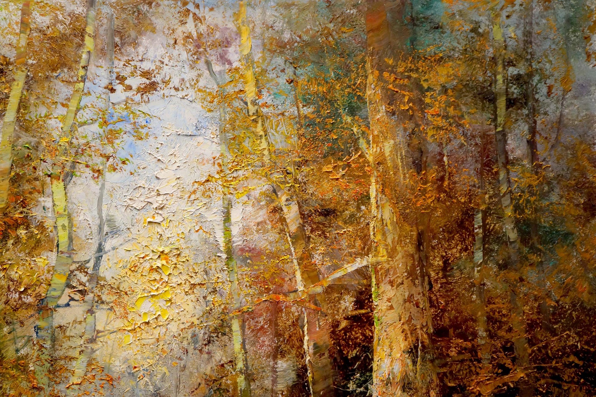 Oil painting Fairy forest: textured autumn canvas with tall slender trees
