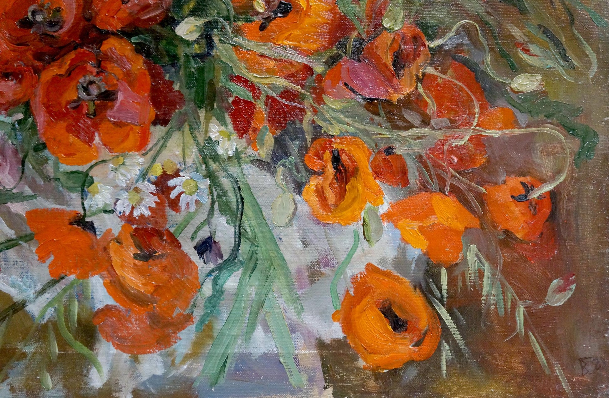 Oil painting of vibrant orange poppies and white daisies by Grishchenko Varvara Pavlovna