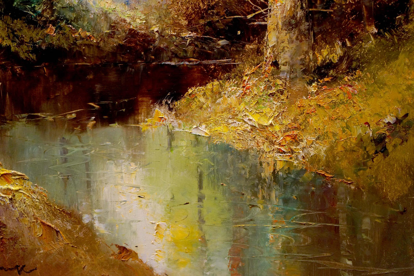Oil painting of fairy forest riverbank with autumn foliage reflections