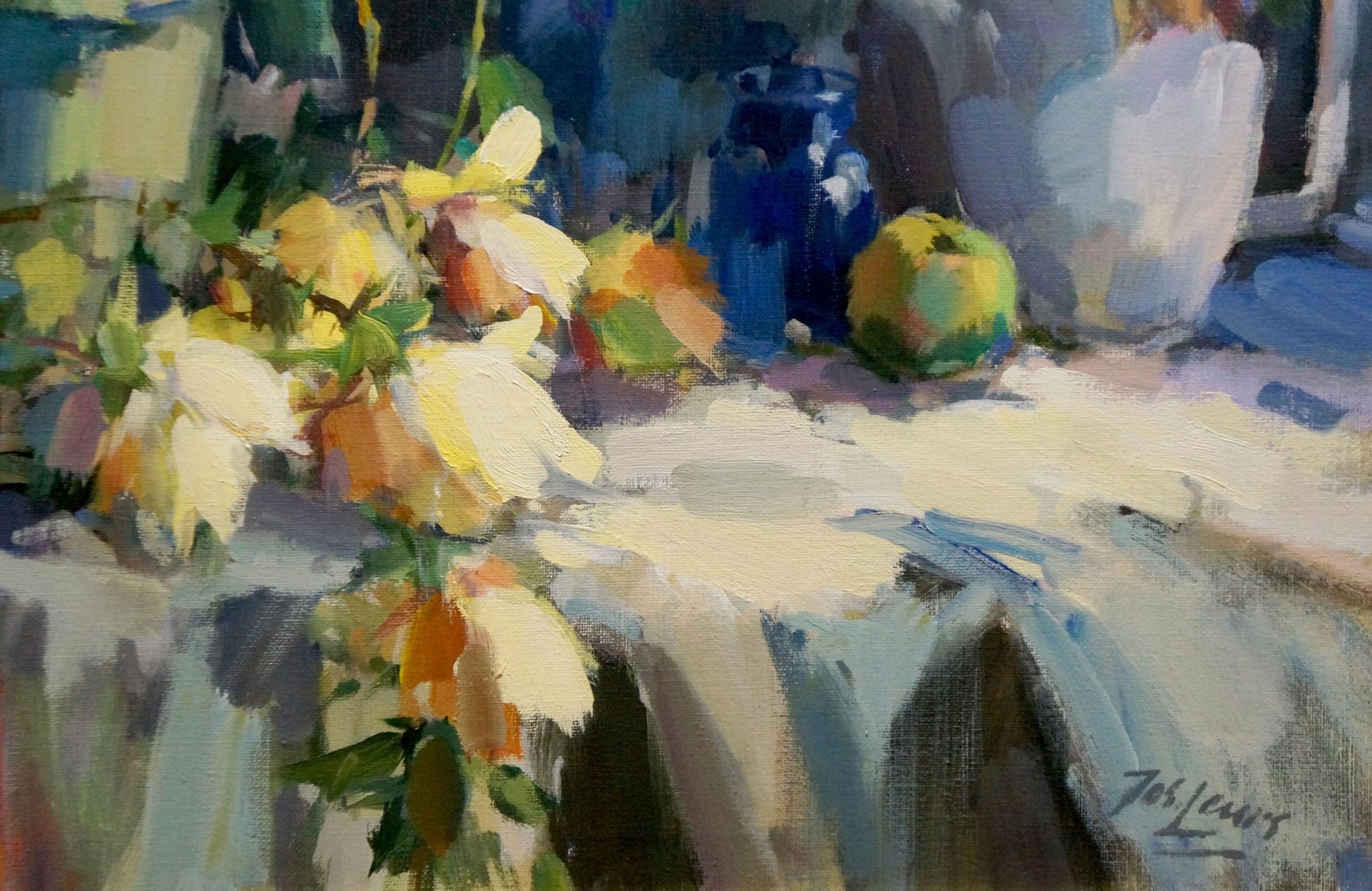 Vibrant impressionistic oil painting of yellow white flowers drinks still life